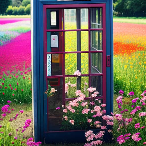  A phone booth in a field of flowers