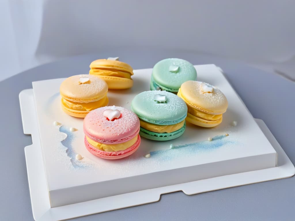  An ultradetailed closeup image of a delicate macaron with a perfectly smooth, shiny surface, showcasing intricate ridges and tiny air bubbles, set against a stark white background to emphasize its minimalistic elegance. The macaron features a gradient of pastel colors, highlighting its crispy outer shell and soft, chewy interior, creating a visual representation of the harmonious balance between textures and flavors in pastry art. hyperrealistic, full body, detailed clothing, highly detailed, cinematic lighting, stunningly beautiful, intricate, sharp focus, f/1. 8, 85mm, (centered image composition), (professionally color graded), ((bright soft diffused light)), volumetric fog, trending on instagram, trending on tumblr, HDR 4K, 8K