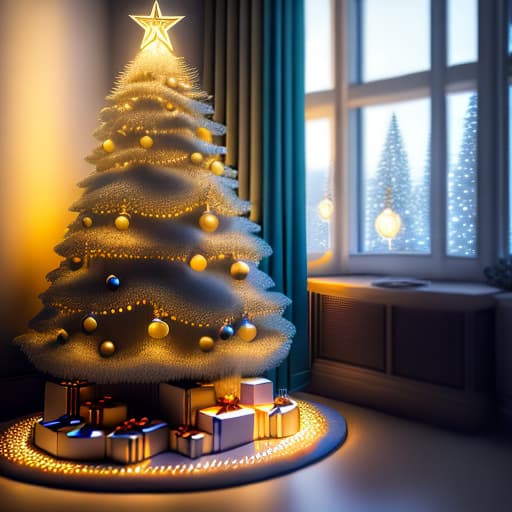 estilovintedois estilovintedois beautiful Christmas tree in room decorated with light toys for the New Year holiday, cozy home, (hyper detailed:1.5) (very detailed:1.5), (photo:1.5,) (photorealism:1.5), (realistic:1.5), bright light from toys, close-up, (mj:1.5), (cinematic:1.5), winter forest landscape, no text, (best quality:1.5), (high quality photography:1.5), HD, 8K, 4K hyperrealistic, full body, detailed clothing, highly detailed, cinematic lighting, stunningly beautiful, intricate, sharp focus, f/1. 8, 85mm, (centered image composition), (professionally color graded), ((bright soft diffused light)), volumetric fog, trending on instagram, trending on tumblr, HDR 4K, 8K