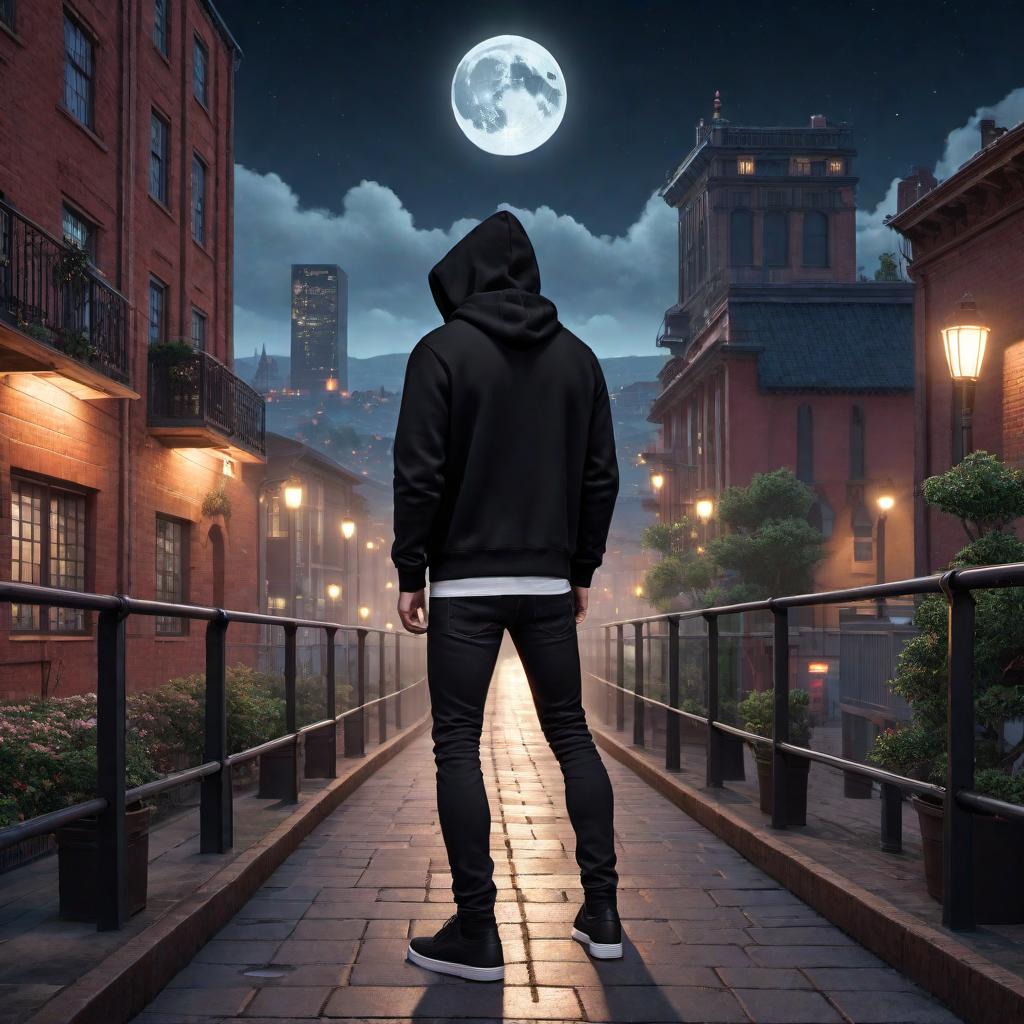  8 bit pixel art: A skinny young man in black skinny jeans, a black hoodie and black shoes; you cannot see his face, he has his back turned to the person looking at the image. He is staring from atop an overpass of a small town at night under the moonlight. There is a halcyon flying above. hyperrealistic, full body, detailed clothing, highly detailed, cinematic lighting, stunningly beautiful, intricate, sharp focus, f/1. 8, 85mm, (centered image composition), (professionally color graded), ((bright soft diffused light)), volumetric fog, trending on instagram, trending on tumblr, HDR 4K, 8K