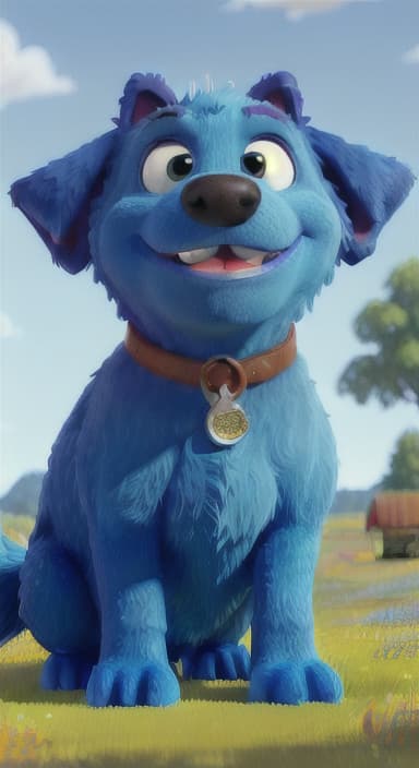  {A happy, big blue dog wagging its tail in a colorful meadow, The big blue dog is large with sky blue fur, big round eyes, a black nose, and floppy ears.