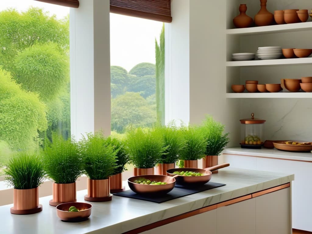  An ultradetailed image of a serene and modern kitchen retreat, featuring a sleek marble countertop with a row of copper pots hanging above, a large window showcasing a lush green garden, a minimalist wooden dining table set for two with elegant white tableware, and a stack of culinary books neatly arranged on a nearby shelf. hyperrealistic, full body, detailed clothing, highly detailed, cinematic lighting, stunningly beautiful, intricate, sharp focus, f/1. 8, 85mm, (centered image composition), (professionally color graded), ((bright soft diffused light)), volumetric fog, trending on instagram, trending on tumblr, HDR 4K, 8K