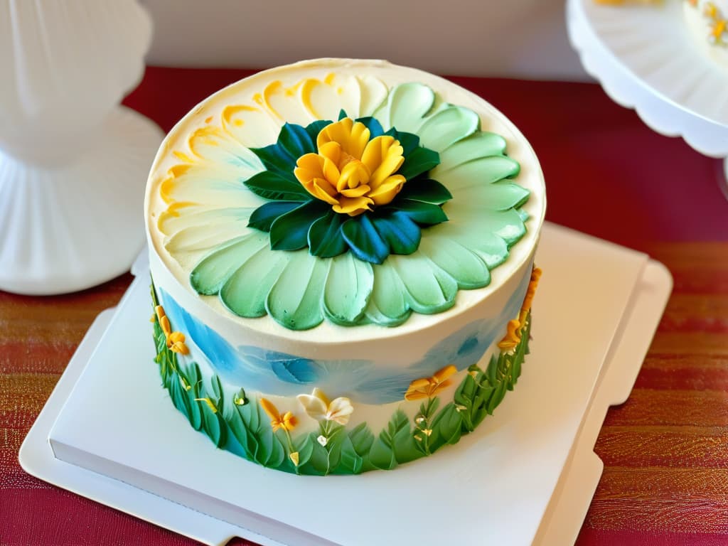  A closeup, ultradetailed image of a delicate miniature cake adorned with intricate edible paint designs. The cake sits on a pristine white plate, showcasing vibrant colors and precise brush strokes that highlight the artistry of using edible paint in pastry decoration. Every tiny detail, from the shimmering metallic accents to the fine lines and patterns, is sharply focused, inviting the viewer to appreciate the skill and creativity involved in creating such a sweet masterpiece. hyperrealistic, full body, detailed clothing, highly detailed, cinematic lighting, stunningly beautiful, intricate, sharp focus, f/1. 8, 85mm, (centered image composition), (professionally color graded), ((bright soft diffused light)), volumetric fog, trending on instagram, trending on tumblr, HDR 4K, 8K