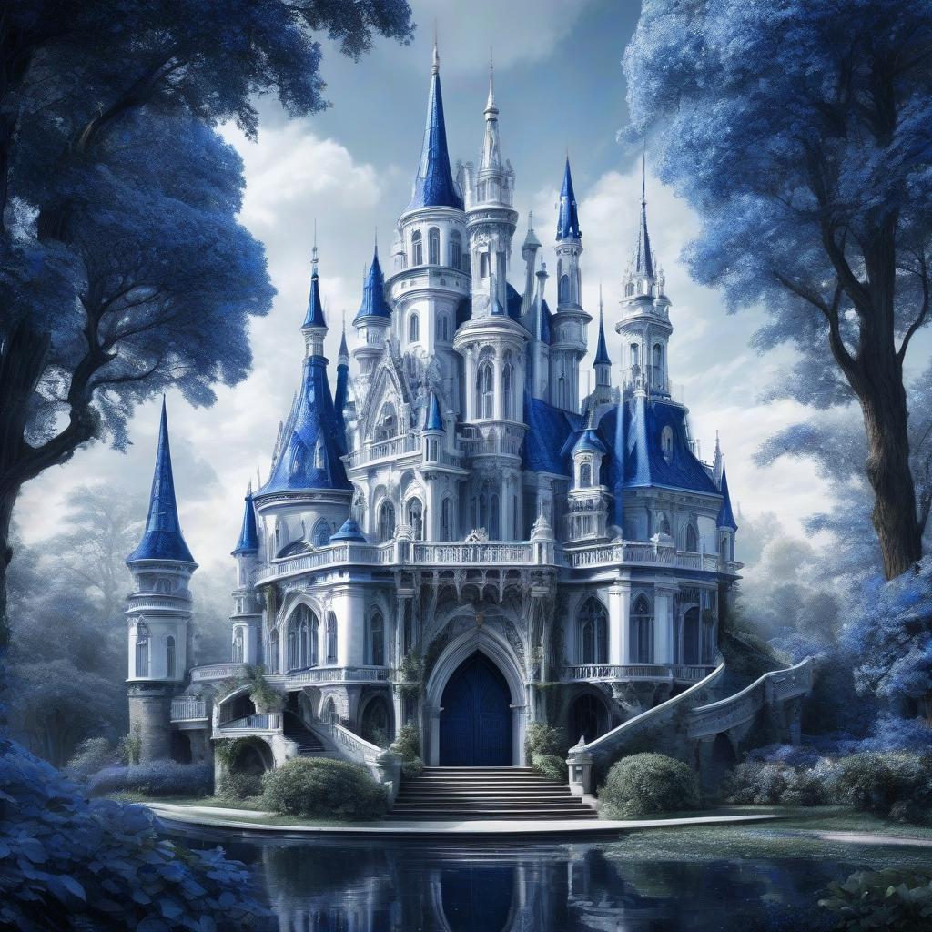  Detailed elaboration, detailed drawing, detailed elaboration of all parts of the composition. Very beautiful blue and white castle in the Gothic style. The castle is on an elevation, with water around the elevation. Lots of curls. Luxury, wealth. The sea around the castle. hyperrealistic, full body, detailed clothing, highly detailed, cinematic lighting, stunningly beautiful, intricate, sharp focus, f/1. 8, 85mm, (centered image composition), (professionally color graded), ((bright soft diffused light)), volumetric fog, trending on instagram, trending on tumblr, HDR 4K, 8K