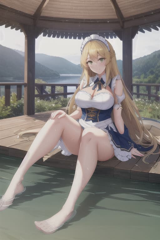  (score 9,score 8 up,score 7 up,),1girl,solo,maid,maid headdress,looking at viewer,outdoor,lake,apron,blonde hair,indoors,green eyes,bare foot,two feet in the water hyperrealistic, full body, detailed clothing, highly detailed, cinematic lighting, stunningly beautiful, intricate, sharp focus, f/1. 8, 85mm, (centered image composition), (professionally color graded), ((bright soft diffused light)), volumetric fog, trending on instagram, trending on tumblr, HDR 4K, 8K