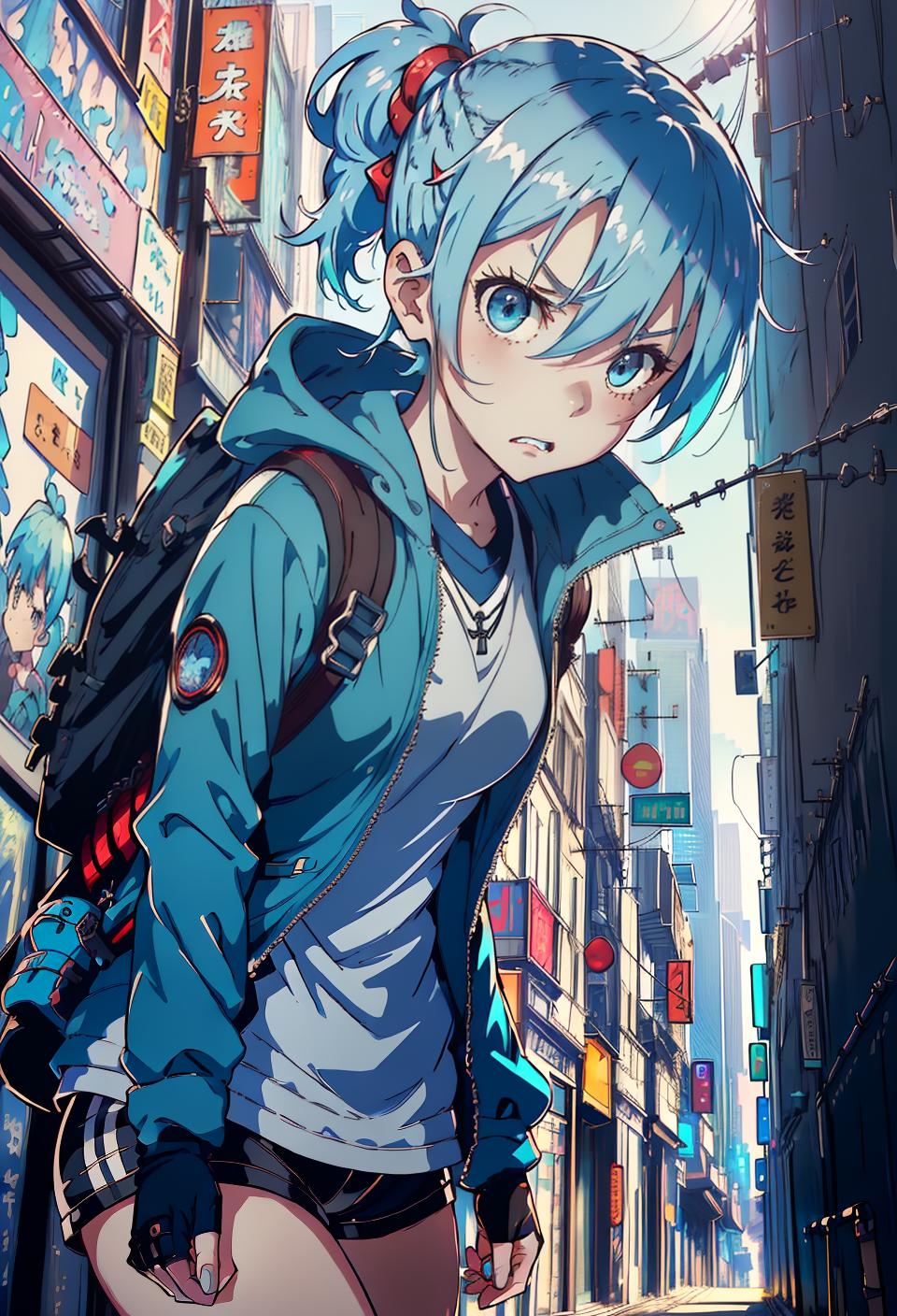  ((trending, highres, masterpiece, cinematic shot)), 1girl, chibi, female hiking gear, city scene, short spiked light blue hair, side ponytail,  aqua eyes, handy personality, angry expression, very pale skin, morbid, toned