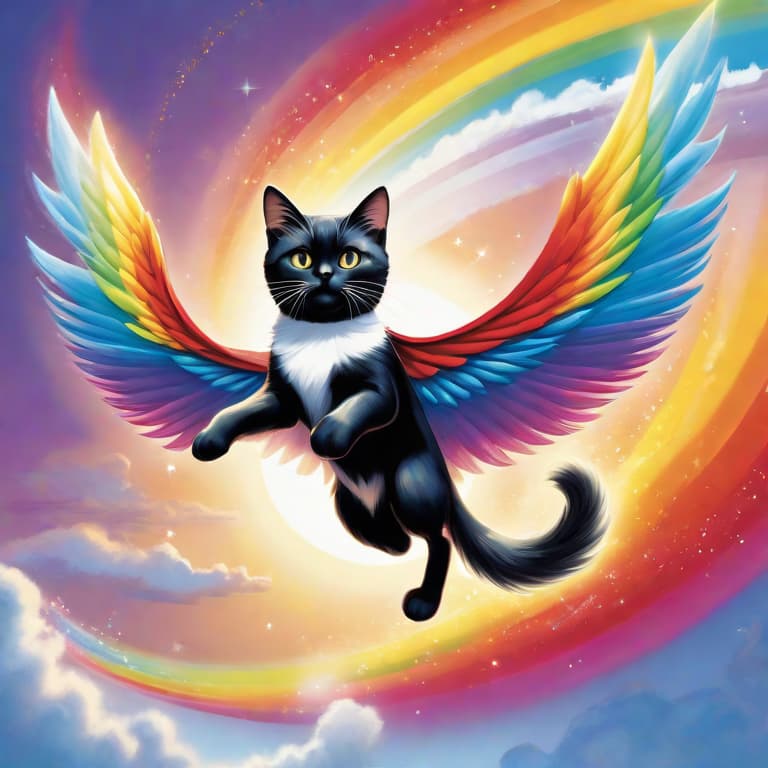 Subject Detail: The subject of the image is a majestic flying cat with vibrant rainbow wings and a flowing superhero cape. The cat has a slender yet muscular build, with sleek fur that glistens in the sunlight. Its eyes are bright and full of determination, reflecting its superhero persona. Splashes of color adorn its body, resembling celestial patterns, while its wings shimmer with an array of vivid hues, ranging from deep blues to intense purples.

Medium: Digital art.

Art Style: Surrealist.

Image Type: Illustration.

Resolution and Focus: High resolution (4K) with a highly detailed and sharp focus to capture the intricate details of the cat, wings, and cape.

Typography and Text: No text is required.

Elaborate Description: The image d