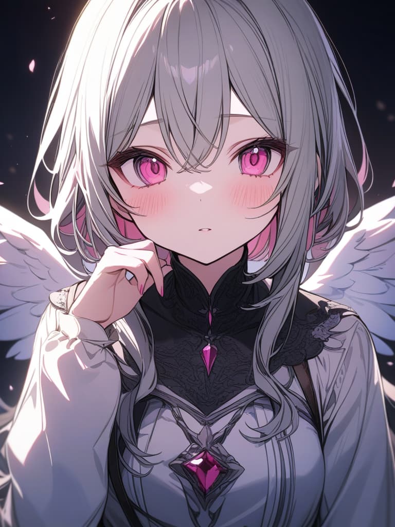  Gray hair, cute, angel, girl, subculture, pink eyes, masterpiece, best quality,8k,ultra detailed,high resolution,an extremely delicate and beautiful,hyper detail