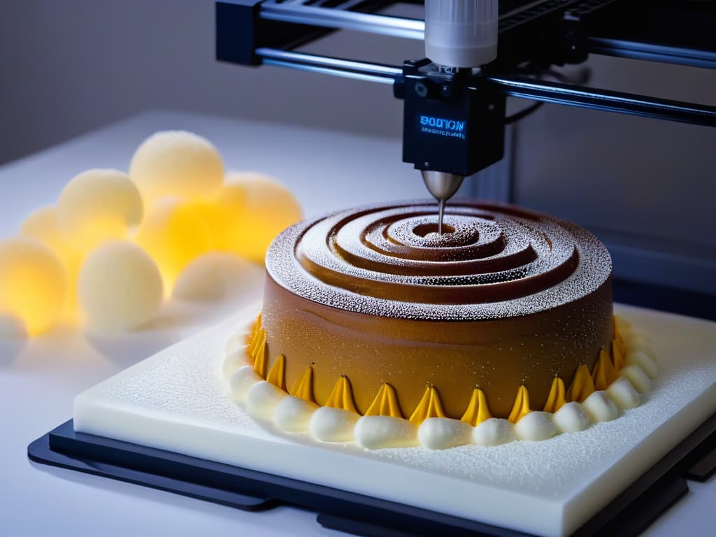  An ultradetailed image of a sleek, modern 3D printer in action, delicately crafting intricate sugar sculptures for a pastry masterpiece. The printer is illuminated by a soft, ambient light, highlighting the precision and innovation in the process. Each sugary layer is visible, showcasing the meticulous detail and artistry involved in creating edible works of art through 3D printing technology. hyperrealistic, full body, detailed clothing, highly detailed, cinematic lighting, stunningly beautiful, intricate, sharp focus, f/1. 8, 85mm, (centered image composition), (professionally color graded), ((bright soft diffused light)), volumetric fog, trending on instagram, trending on tumblr, HDR 4K, 8K