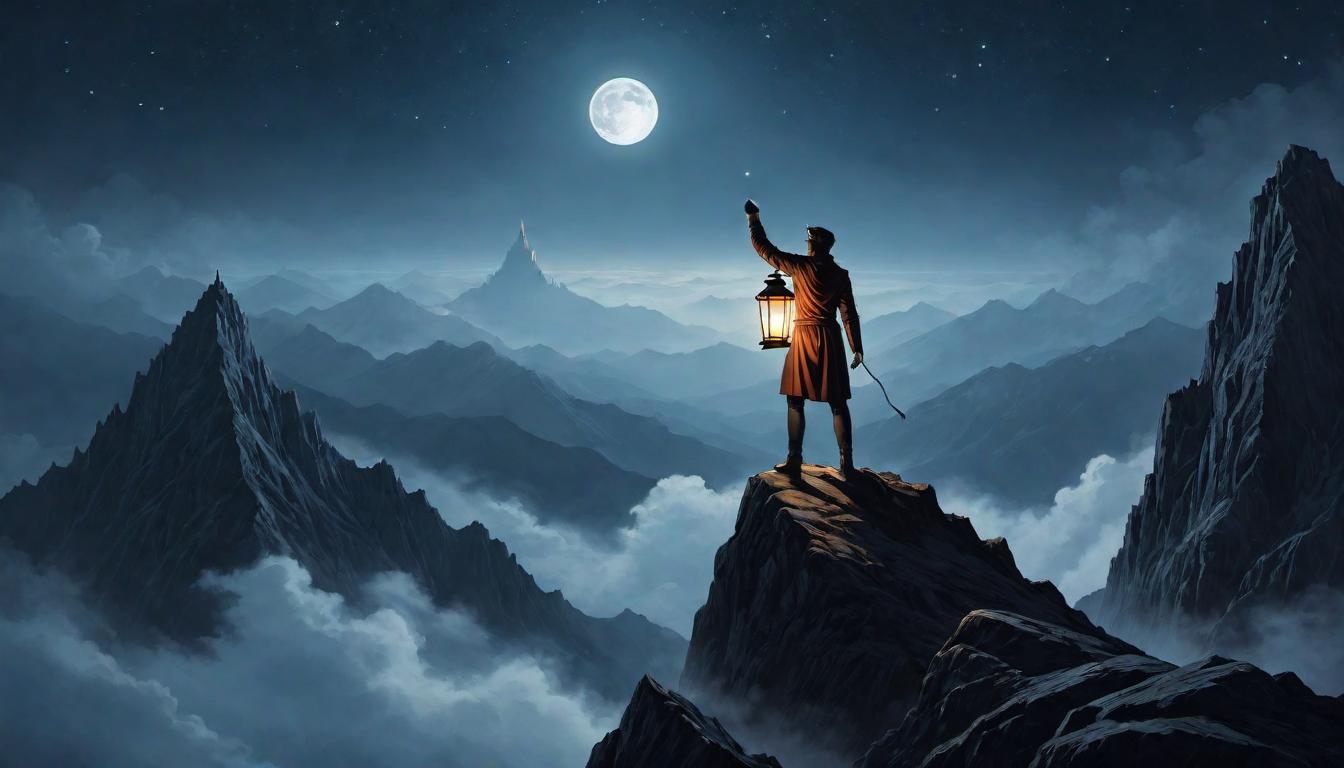  （surrealism)A figure standing atop a peak, hands (metaphorical, not literal) holding aloft a lantern against the night, beacon of hope, leadership, vision mystic, intricate details, best quality)