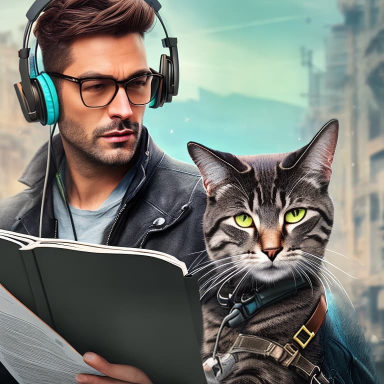 nvinkpunk Realistic image of a cat wearing headphones and reading glasses while riding a bus., hyperrealism, fantasy, classicism hyperrealistic, full body, detailed clothing, highly detailed, cinematic lighting, stunningly beautiful, intricate, sharp focus, f/1. 8, 85mm, (centered image composition), (professionally color graded), ((bright soft diffused light)), volumetric fog, trending on instagram, trending on tumblr, HDR 4K, 8K