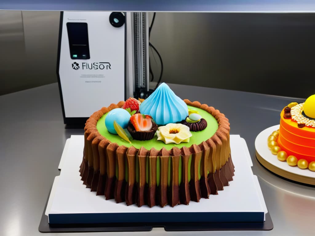  A photorealistic image of a sophisticated 3D printer creating intricate and delectable dessert sculptures using biodegradable materials. The printer is surrounded by an array of colorful, mouthwatering desserts like cakes, pastries, and chocolates, showcasing the innovative use of sustainable materials in the culinary world. The background is a sleek, modern kitchen with soft lighting that highlights the intricate details of the printed desserts, emphasizing the fusion of technology, sustainability, and gastronomy. hyperrealistic, full body, detailed clothing, highly detailed, cinematic lighting, stunningly beautiful, intricate, sharp focus, f/1. 8, 85mm, (centered image composition), (professionally color graded), ((bright soft diffused light)), volumetric fog, trending on instagram, trending on tumblr, HDR 4K, 8K