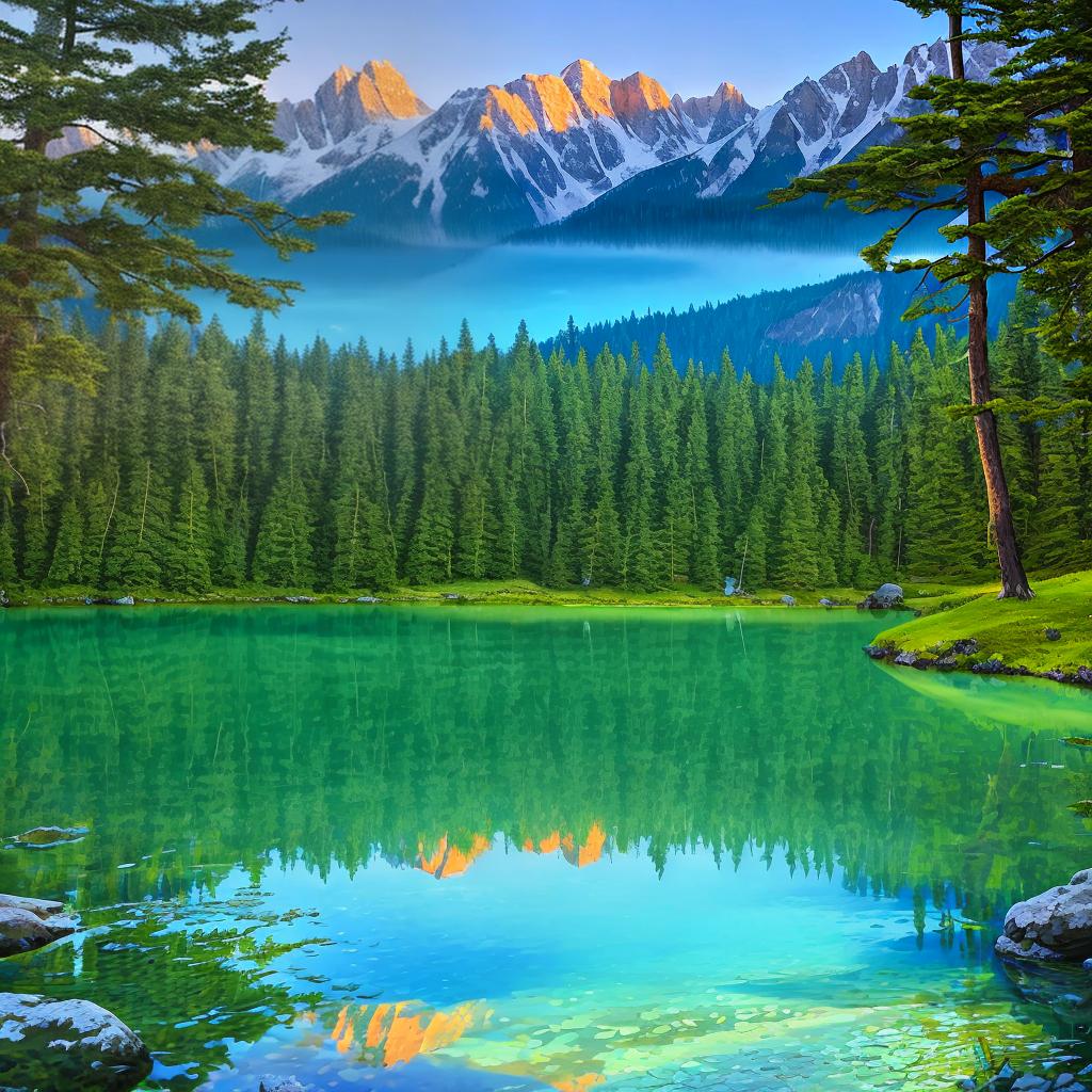  as a painting, Convey the serene majesty of towering mountains reflected in the crystal-clear waters of a tranquil alpine lake, using your unique artistic vision to evoke a sense of awe and tranquility.