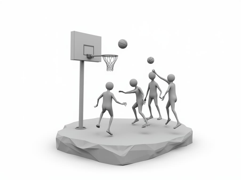  players playing basketball on playground island, vector, illustraction, white background, monochromatic