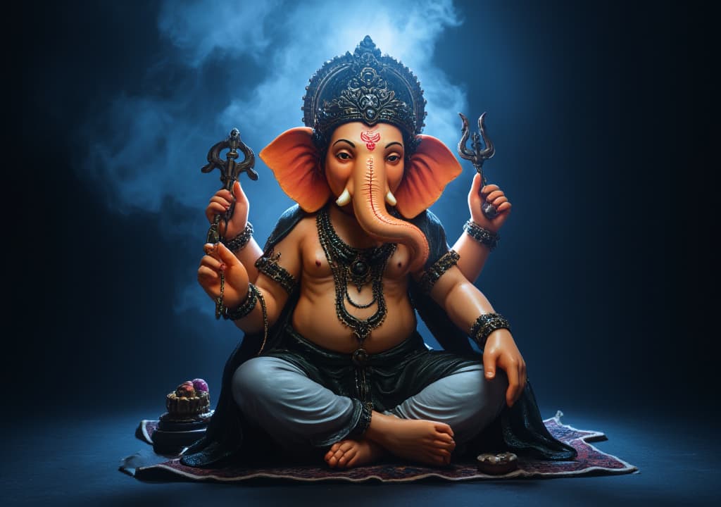  good quality, high quality, this image shows a vibrant depiction of the hindu deity cute ganesha. he is portrayed in a traditional sitting posture, adorned with ornate jewelry and a crown. his body is a soft orange, and his attire includes black and white garments. his multiple arms carry symbols and objects, indicative of his various powers and blessings. the background is dark, creating a dramatic contrast with a smoky blue aura behind the figure, adding to the divine and mystical effect, sharp focus, f/1. 8, 85mm, (centered image composition), (professionally color graded), ((bright soft diffused light)), volumetric fog, trending on instagram, trending on tumblr, hdr 4k, 8k hyperrealistic, full body, detailed clothing, highly detailed, c