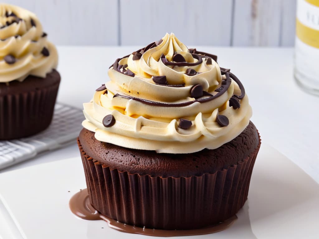  A closeup, highresolution image of a decadent, moist chocolate chip vegan and glutenfree cupcake topped with swirls of dairyfree chocolate frosting and a generous sprinkling of mini dairyfree chocolate chips. The cupcake is elegantly placed on a sleek, modern white plate, set against a softfocus background that highlights the rich texture and glossy finish of the dessert. The lighting is just right to capture the intricate details of the cupcake, from the perfectly domed top to the melty chocolate chips studded throughout the moist crumb. The overall aesthetic is minimalist yet inviting, making the viewer crave a taste of this delectable treat. hyperrealistic, full body, detailed clothing, highly detailed, cinematic lighting, stunningly beautiful, intricate, sharp focus, f/1. 8, 85mm, (centered image composition), (professionally color graded), ((bright soft diffused light)), volumetric fog, trending on instagram, trending on tumblr, HDR 4K, 8K