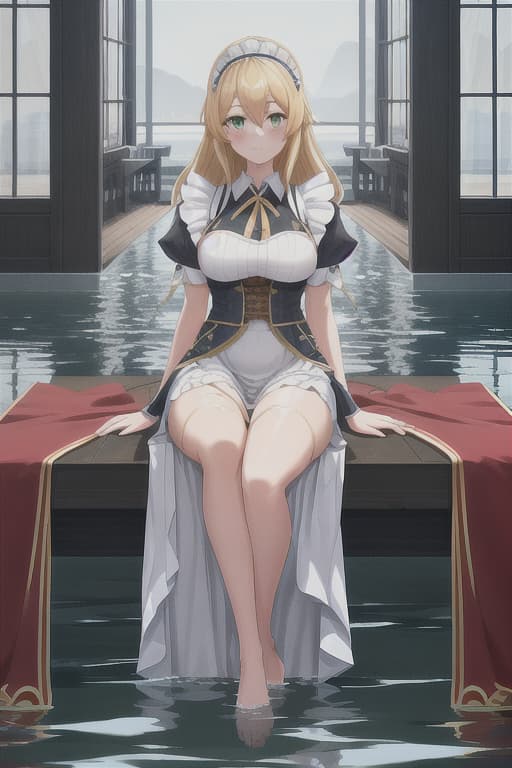  (score 9,score 8 up,score 7 up,),1girl,solo,maid,maid headdress,looking at viewer,outdoor,lake,apron,blonde hair,indoors,green eyes,bare foot,two feet in the water hyperrealistic, full body, detailed clothing, highly detailed, cinematic lighting, stunningly beautiful, intricate, sharp focus, f/1. 8, 85mm, (centered image composition), (professionally color graded), ((bright soft diffused light)), volumetric fog, trending on instagram, trending on tumblr, HDR 4K, 8K