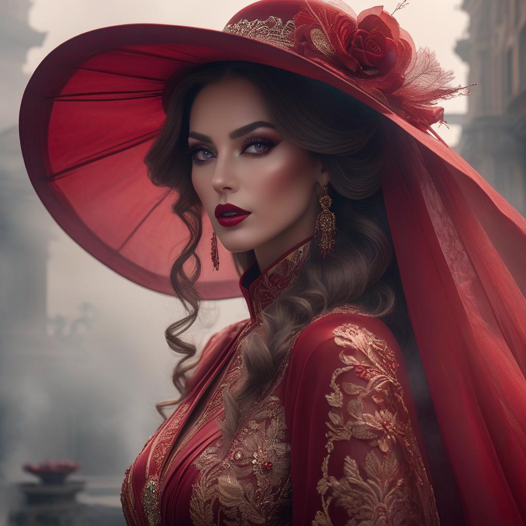  cinematic photo The complete form of a lady, adorned in a stunning wide brimmed red hat, graced with a veil amidst smoke and fog. Her flawless countenance, featuring intricately detailed eyes with a captivating gaze, stands against a backdrop of deep red. Edge lighting enhances the scene, contributing to a digital illustration that showcases perfect anatomy. The composition is centered, approaching perfection with a dynamic and highly detailed presentation. This artwork, part of Karen Griffiths' collection on ArtStation, is characterized by its smooth execution, clear focus, and illustrative brilliance. . 35mm photograph, film, bokeh, professional, 4k, highly detailed hyperrealistic, full body, detailed clothing, highly detailed, cinematic lighting, stunningly beautiful, intricate, sharp focus, f/1. 8, 85mm, (centered image composition), (professionally color graded), ((bright soft diffused light)), volumetric fog, trending on instagram, trending on tumblr, HDR 4K, 8K