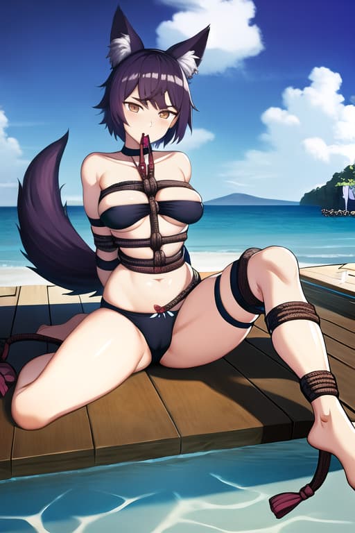  mitarashi anko,(masterpiece, best quality:1.2), illustration, absurdres, highres, extremely detailed,fullbody,ocean_bottom,piercing,pillory,crotch_rope,bound_wrists,bound_arms,rope,wolf_tail,in mouth