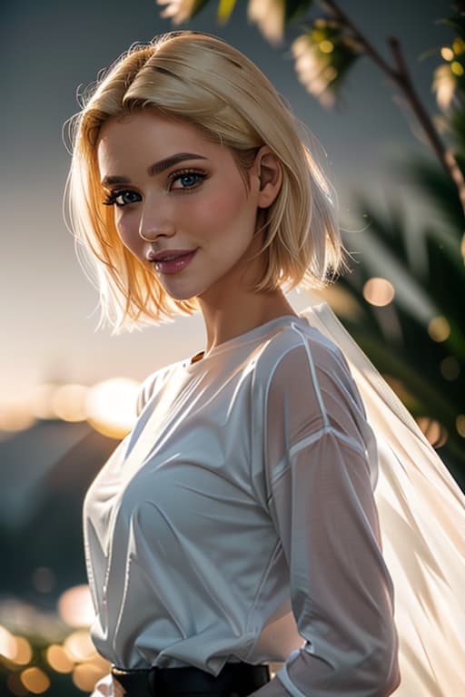  1girl,1girl,blonde short hair,straight hair,upper body shot,shirt,smile hyperrealistic, full body, detailed clothing, highly detailed, cinematic lighting, stunningly beautiful, intricate, sharp focus, f/1. 8, 85mm, (centered image composition), (professionally color graded), ((bright soft diffused light)), volumetric fog, trending on instagram, trending on tumblr, HDR 4K, 8K