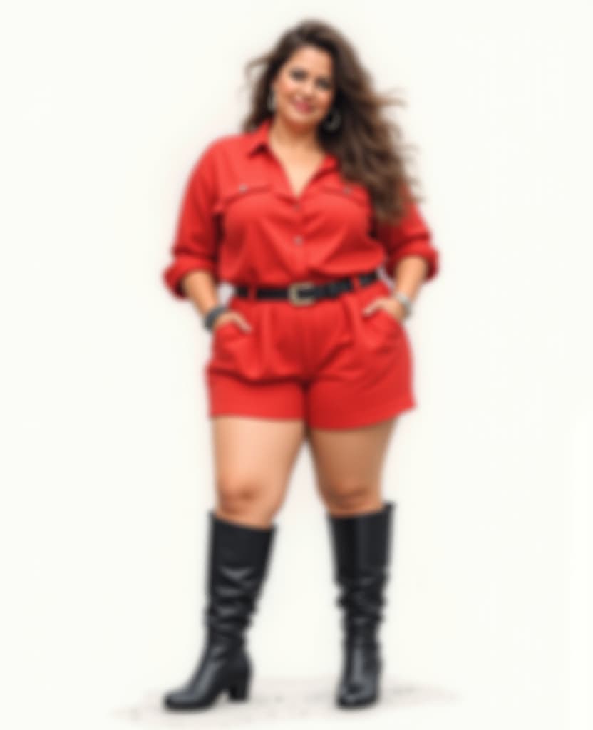  good quality, high quality, color sketch of a mature plus size beautiful woman wearing black knee high boots, red shorts and a red blouse. fine details. ultra fine details. expressive line work, in the style of beautiful full body portraits