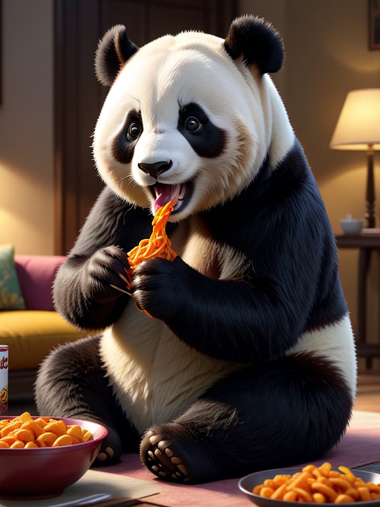  masterpiece, best quality, official art, extremely detailed cg 8k, professional 3d model a panda bear in black pajamas,eating takis . octane render, highly detailed, volumetric, dramatic lighting