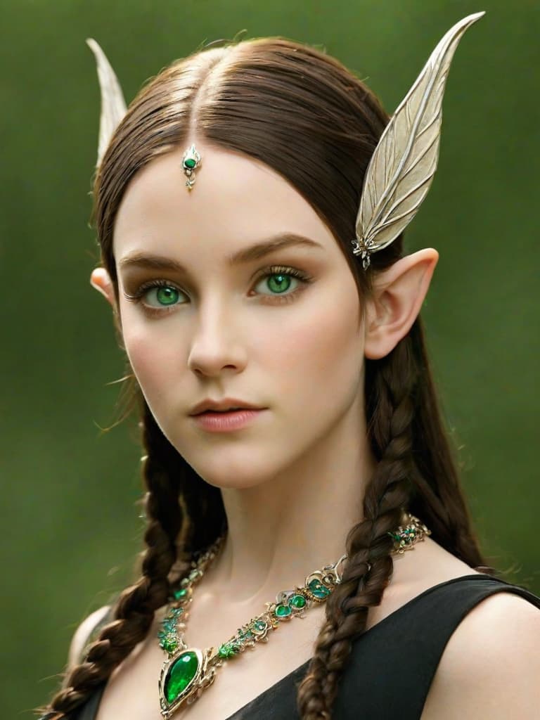  , , , , elven , pointed elf ears, hair ided to the side, hair, green eyes, pale skin, wearing dark formal dress, face covered in dirt, wearing g gemstone necklace