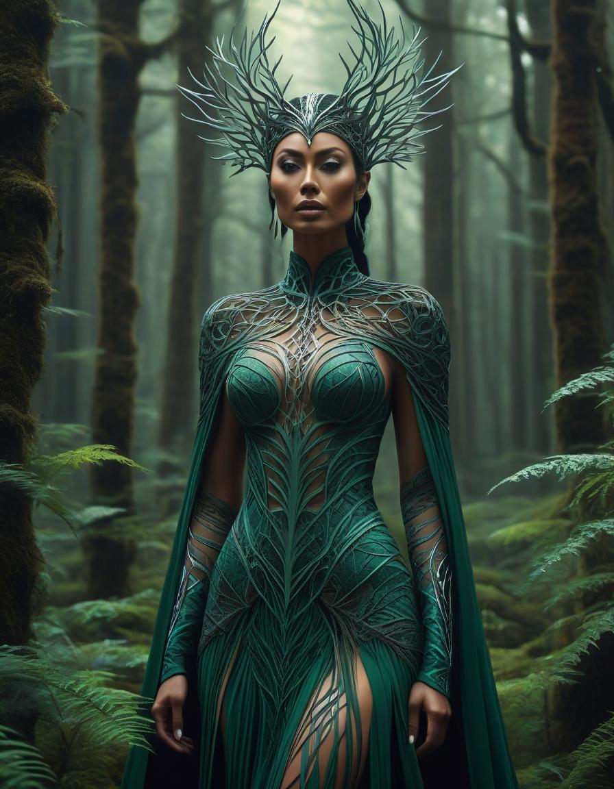  concept art A stunning digital painting of a mysterious forest woman with intricate details, geometric patterns, and surreal elements. The artwork is highly detailed, photorealistic, and beautifully balanced, showcasing a masterful blend of fantasy and realism. . digital artwork, illustrative, painterly, matte painting, highly detailed hyperrealistic, full body, detailed clothing, highly detailed, cinematic lighting, stunningly beautiful, intricate, sharp focus, f/1. 8, 85mm, (centered image composition), (professionally color graded), ((bright soft diffused light)), volumetric fog, trending on instagram, trending on tumblr, HDR 4K, 8K