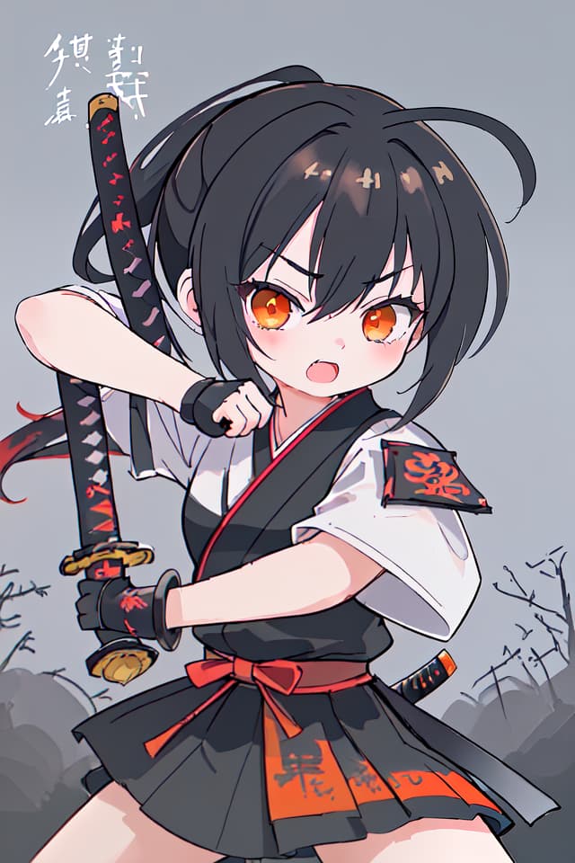  ultra detailed:1.2,masterpiece:1.2,best quality,masterpiece,bestquality,hdr:1.1,8k:1.1,very cute girl:1.3,samurai girl:1.3,red samurai armor:1.3,black hair:1.2,pony tail:1.3,holding Japanese sword:1.3,katana:1.3,upper body:1.1,dutch angel:1.3,(battle stance,katana slash:1.4),face focus:1.4,(spoken kanji 斬:1.1)open mouth:1.3