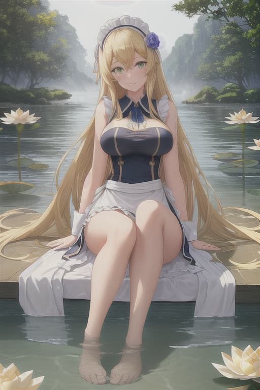  (score 9,score 8 up,score 7 up,),1girl,solo,maid,maid headdress,looking at viewer,outdoor,lake,apron,blonde hair,indoors,green eyes,bare foot,two feet in the water lotus flower sex stunny hyperrealistic, full body, detailed clothing, highly detailed, cinematic lighting, stunningly beautiful, intricate, sharp focus, f/1. 8, 85mm, (centered image composition), (professionally color graded), ((bright soft diffused light)), volumetric fog, trending on instagram, trending on tumblr, HDR 4K, 8K