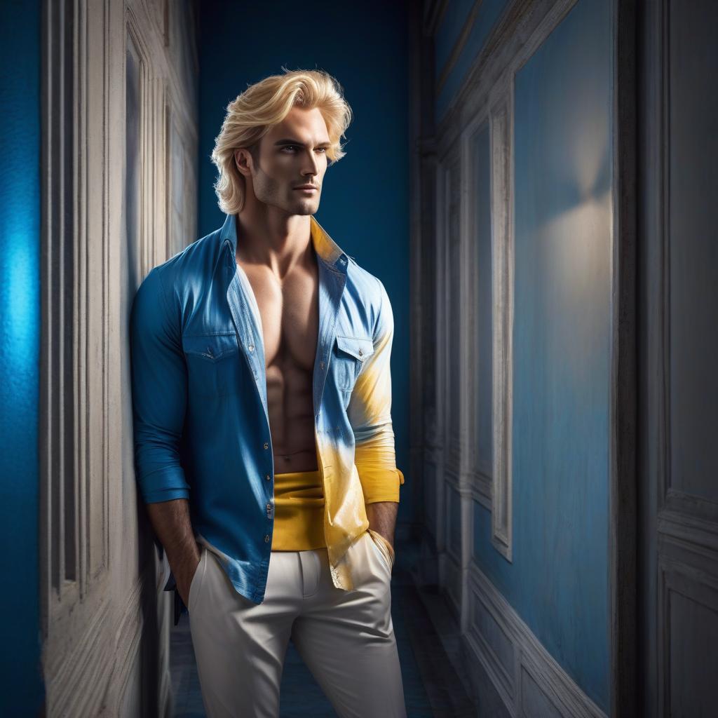  Realistically, a handsome Man a Blond, The man's ears are fox like, long hair, the man has yellow eyes, and trousers, leaning his back against a corridor wall illuminated by blue spotlights, clear focus, vivid sharp eyes, well drawn details, bright living eyes, a beautiful portrait illustration, a portrait in the style of fantasy, blue and white splashes, bright colors, bright eyes, fantastic art, intricate design, highly detailed, sharp focus, 8k, high resolution, elegant, hyperrealistic, full body, detailed clothing, highly detailed, cinematic lighting, stunningly beautiful, intricate, sharp focus, f/1. 8, 85mm, (centered image composition), (professionally color graded), ((bright soft diffused light)), volumetric fog, trending on instagram, trending on tumblr, HDR 4K, 8K