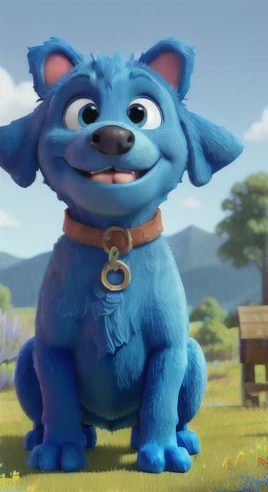  {A happy, big blue dog wagging its tail in a colorful meadow, The big blue dog is large with sky blue fur, big round eyes, a black nose, and floppy ears.