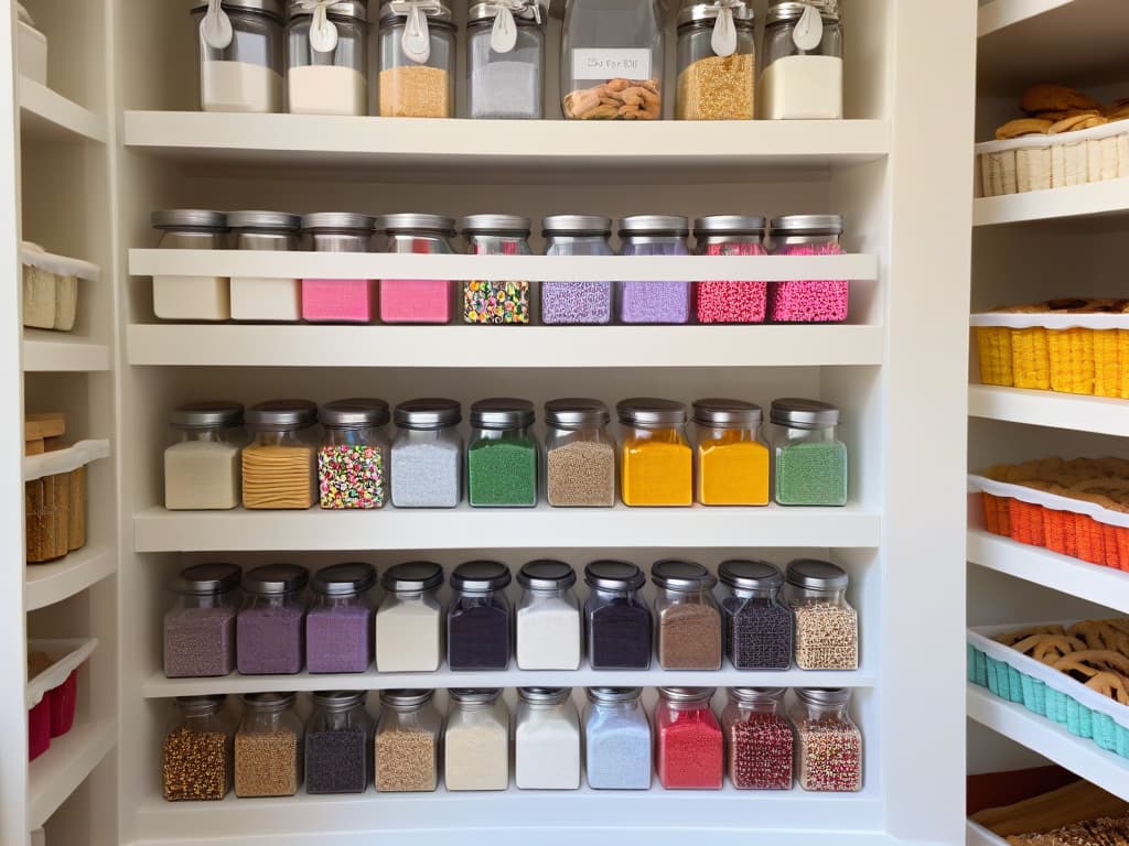  A pristine white pantry with perfectly organized shelves filled with glass jars of colorful sprinkles, neatly stacked baking trays, and rows of assorted cookie cutters in various shapes and sizes. The labels on the jars are elegantly handwritten, adding a touch of artisanal charm to the scene. The soft natural light filtering through a nearby window casts gentle shadows, highlighting the meticulous arrangement of baking supplies in this minimalist yet inspiring pantry setup. hyperrealistic, full body, detailed clothing, highly detailed, cinematic lighting, stunningly beautiful, intricate, sharp focus, f/1. 8, 85mm, (centered image composition), (professionally color graded), ((bright soft diffused light)), volumetric fog, trending on instagram, trending on tumblr, HDR 4K, 8K