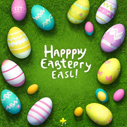  Happy bunny with many Easter eggs on grass festive background for decorative design