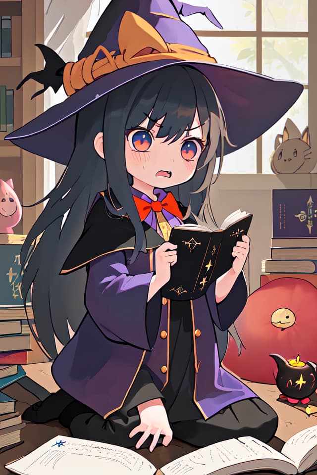  A little girl, long hair, wearing a witch hat, opening a magic book, angry