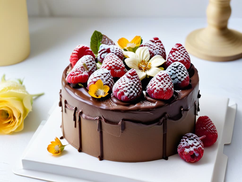  A detailed and lifelike image of a vegan chocolate cake being filled with layers of creamy avocado chocolate mousse and fresh raspberries. The cake is elegantly decorated with edible flowers and gold leaf accents, sitting on a marble cake stand in soft, natural lighting that highlights the vibrant colors and textures of the dessert. hyperrealistic, full body, detailed clothing, highly detailed, cinematic lighting, stunningly beautiful, intricate, sharp focus, f/1. 8, 85mm, (centered image composition), (professionally color graded), ((bright soft diffused light)), volumetric fog, trending on instagram, trending on tumblr, HDR 4K, 8K