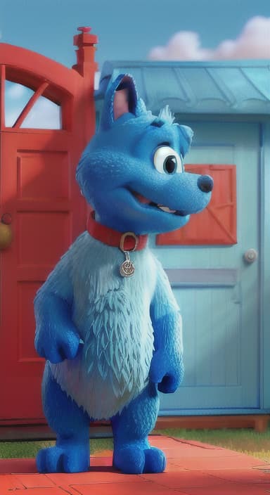  {Max the big blue dog standing in front of a cozy little house with a red door, The big blue dog is large with sky blue fur, big round eyes, a black nose, and floppy ears.