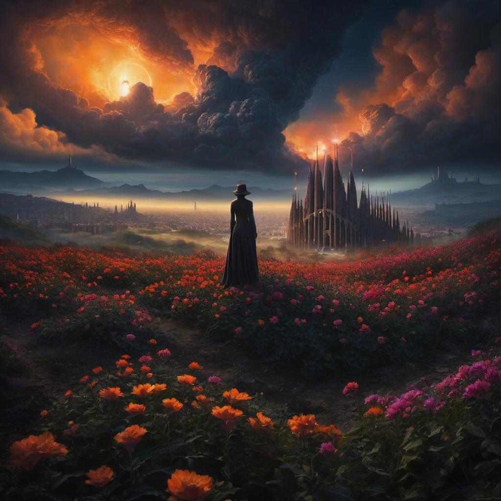  (stylized by Tomasz Alen Kopera:1.3) , dark art, dense flower field and Perseid meteor in background, landscape of a (Barcelona:1.2) , very Bizarre and 1600'S, Hurricane, Glitchcore, Amaro, layered textures, ornate, intricate artistic color, complimentary colors, very inspirational, atmosphere, fine artistic composition, sunny, theatrical hyperrealistic, full body, detailed clothing, highly detailed, cinematic lighting, stunningly beautiful, intricate, sharp focus, f/1. 8, 85mm, (centered image composition), (professionally color graded), ((bright soft diffused light)), volumetric fog, trending on instagram, trending on tumblr, HDR 4K, 8K