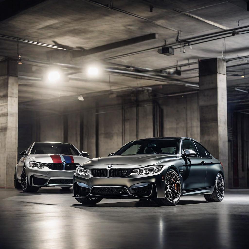  masterpiece, best quality, A pair of sleek and powerful M4 and M3 BMWs stand side by side, their polished exteriors reflecting the surrounding urban environment. The cars are parked in a dimly lit underground garage, with concrete pillars casting long shadows across the scene. The atmosphere is charged with anticipation, as if these high-performance machines are ready to be unleashed. The style of the image is a dynamic photography shot, capturing the angular lines and aggressive stance of the cars. The lighting is dramatic, with subtle spotlights highlighting the curves and contours of the vehicles. Shot with a high-end DSLR camera, the image is captured with a wide aperture and fast shutter speed to freeze the motion and emphasize the car