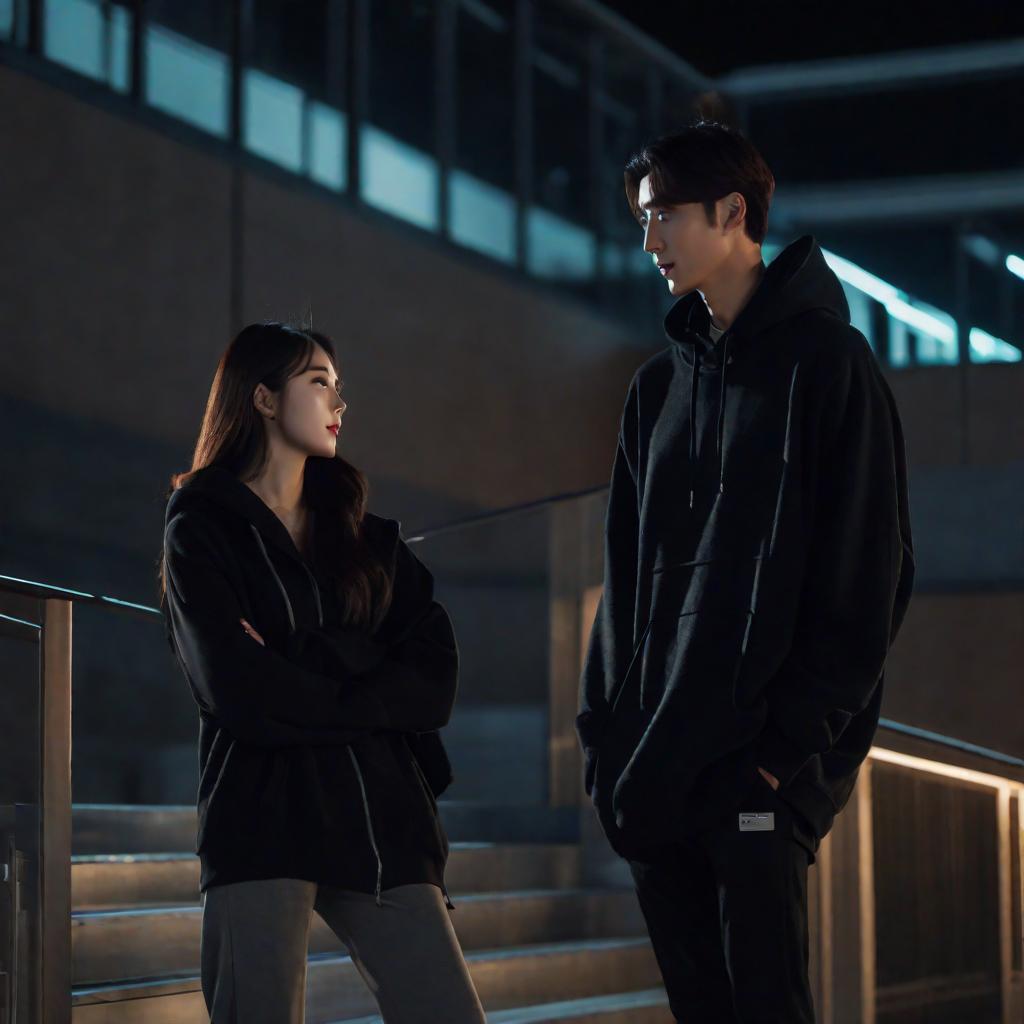 cinematic still, a handsome tall korean man, in a black hoodie, and a beautiful korean girl with long hair, talking on the landing, night, dim light, hyperrealistic, cute, hyper detail, full HD hyperrealistic, full body, detailed clothing, highly detailed, cinematic lighting, stunningly beautiful, intricate, sharp focus, f/1. 8, 85mm, (centered image composition), (professionally color graded), ((bright soft diffused light)), volumetric fog, trending on instagram, trending on tumblr, HDR 4K, 8K
