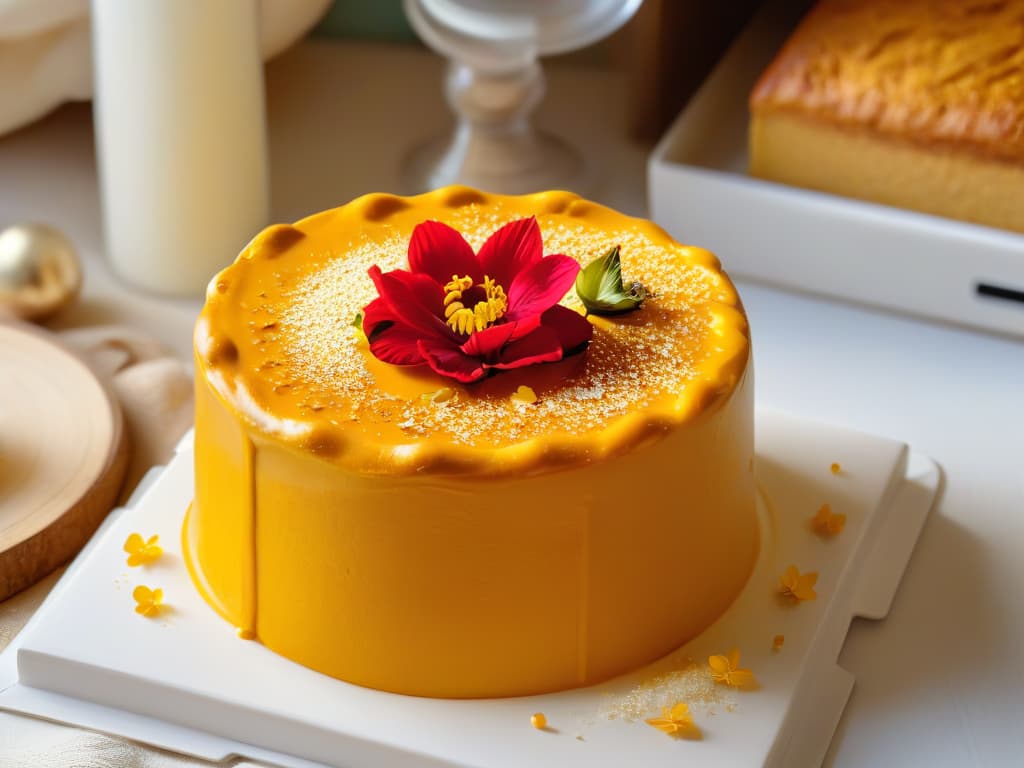  An ultradetailed image featuring a closeup view of a freshly baked golden turmericinfused cake with a glossy glaze, topped with delicate edible gold flakes and vibrant orangehued edible flowers. The cake sits on a sleek, modern white cake stand against a soft focus background of a rustic kitchen setting with hints of warm natural light streaming in, creating a visually stunning and mouthwatering minimalistic composition that perfectly captures the essence of using turmeric in baking. hyperrealistic, full body, detailed clothing, highly detailed, cinematic lighting, stunningly beautiful, intricate, sharp focus, f/1. 8, 85mm, (centered image composition), (professionally color graded), ((bright soft diffused light)), volumetric fog, trending on instagram, trending on tumblr, HDR 4K, 8K