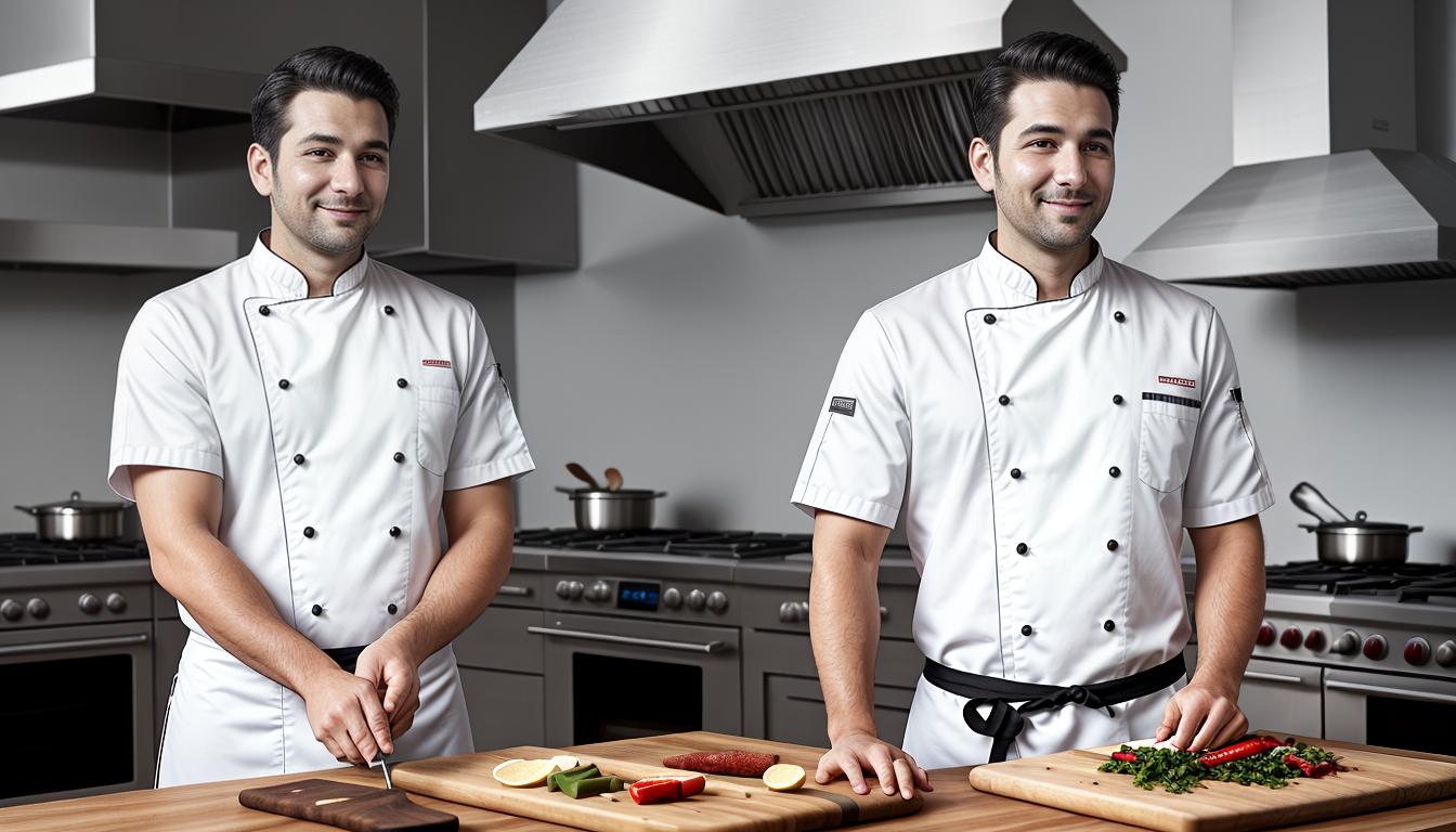  digital illustration, a man in his 30s, wearing a chef's uniform, is focused on cooking in a well organized kitchen, various culinary tools around him, focused, professional, looking at viewer, dynamic pose, (intricate details, masterpiece, best quality)