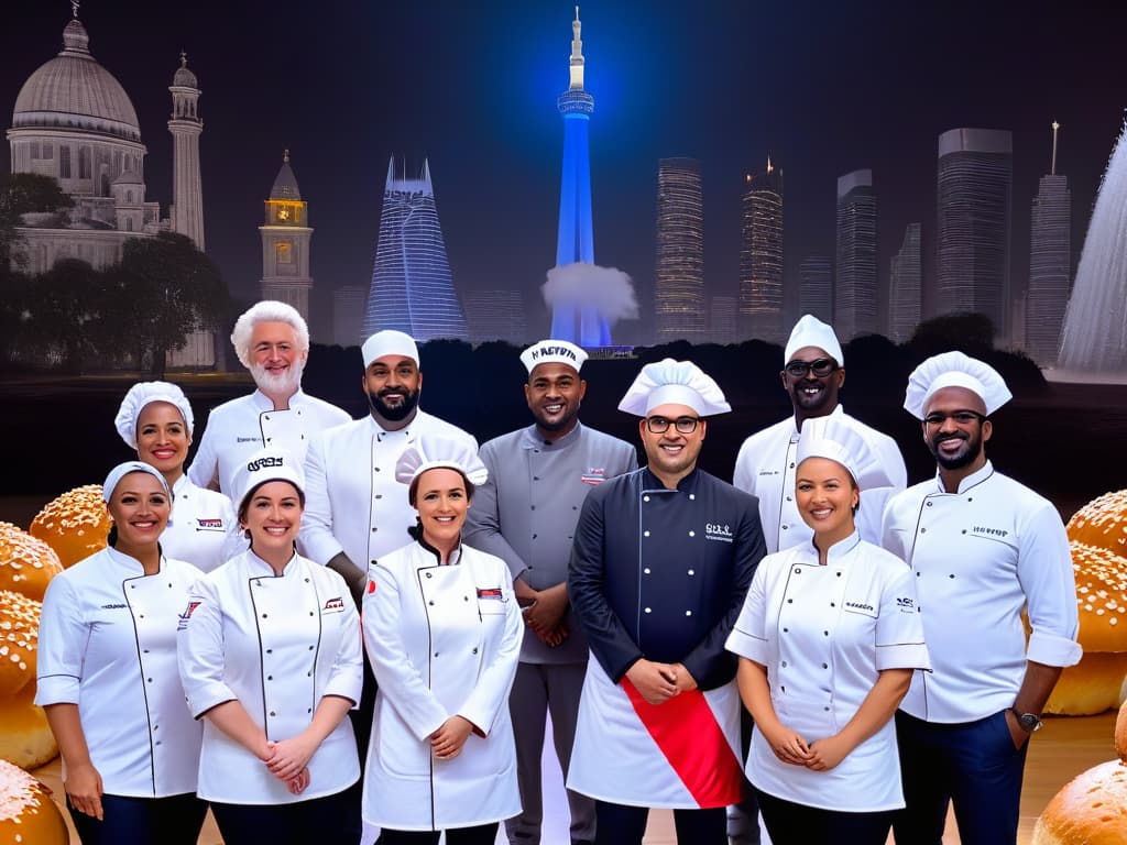  An ultradetailed 8k image of a diverse group of bakers from around the world, each wearing a unique chef's hat representing their country's flag. The bakers are gathered around a futuristic, sleek AR device, interacting with virtual recipes and sharing tips. The background showcases various iconic global landmarks subtly integrated into the minimalist design, symbolizing the global culinary connection facilitated by AR technology. hyperrealistic, full body, detailed clothing, highly detailed, cinematic lighting, stunningly beautiful, intricate, sharp focus, f/1. 8, 85mm, (centered image composition), (professionally color graded), ((bright soft diffused light)), volumetric fog, trending on instagram, trending on tumblr, HDR 4K, 8K