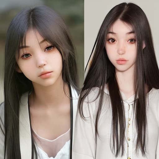  girl with slanted eyes and long hair without bangs and thin with Japanese features