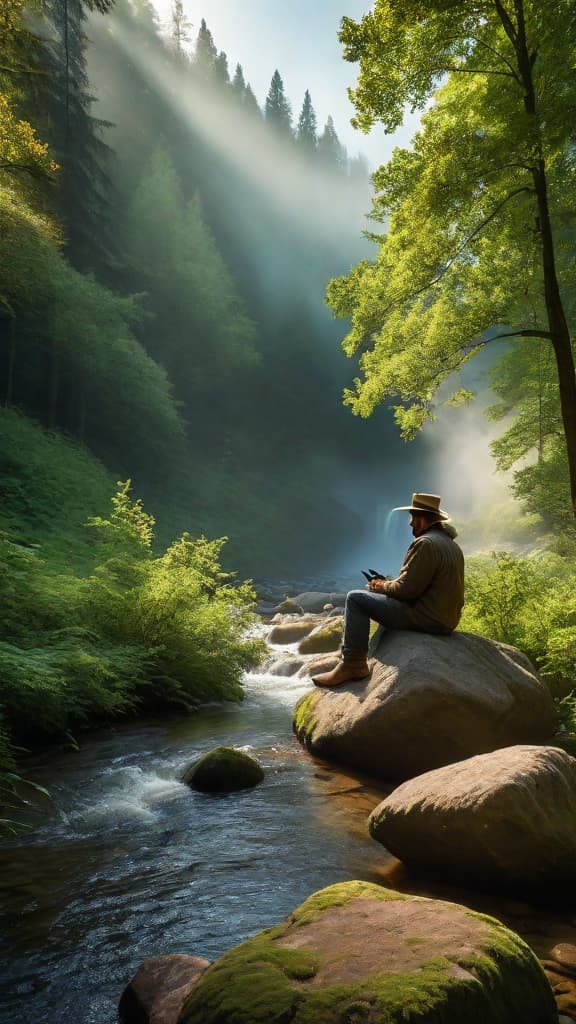  [In the bracketed section, the scene depicts a serene and tranquil setting. The camera pans across a lush, verdant landscape, capturing the beauty of nature. Sunlight filters through the canopy of trees, casting a warm glow over the scene. In the distance, a gentle stream flows, its soothing sound adding to the peaceful atmosphere. Birds can be heard chirping in the background, contributing to the serene ambiance. The camera then focuses on a solitary figure, seated on a rock, gazing out at the stunning scenery before them, lost in contemplation.] hyperrealistic, full body, detailed clothing, highly detailed, cinematic lighting, stunningly beautiful, intricate, sharp focus, f/1. 8, 85mm, (centered image composition), (professionally color graded), ((bright soft diffused light)), volumetric fog, trending on instagram, trending on tumblr, HDR 4K, 8K