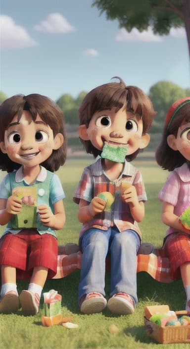  {Kids sitting around a picnic blanket, enjoying juice boxes and snacks., Children happily eating snacks, with crumbs on their faces and big smiles.