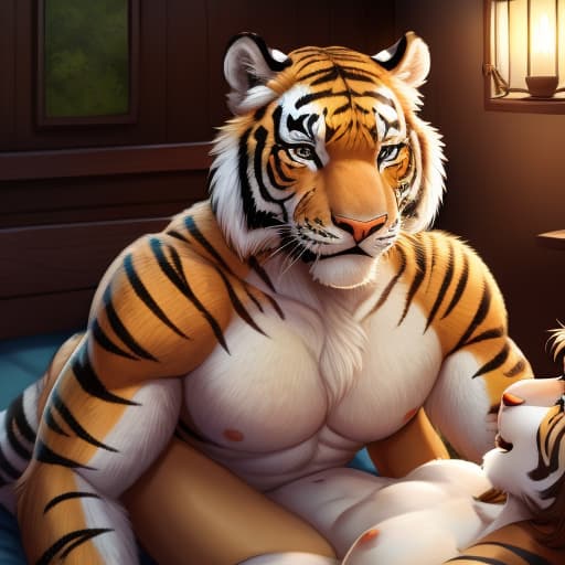  tiger male sex female, open eyes, digital art, masterpiece, 4k, fine details,