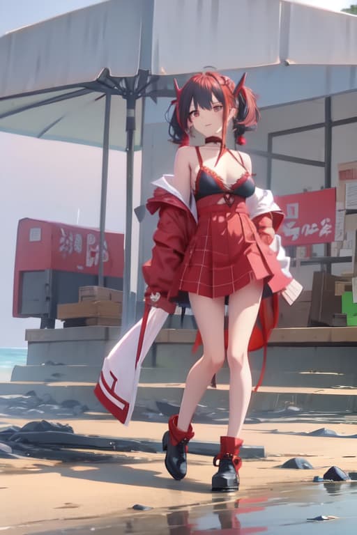  Mitsuri Kanroji from demon slayer tweaking in the rain on a beach, full body