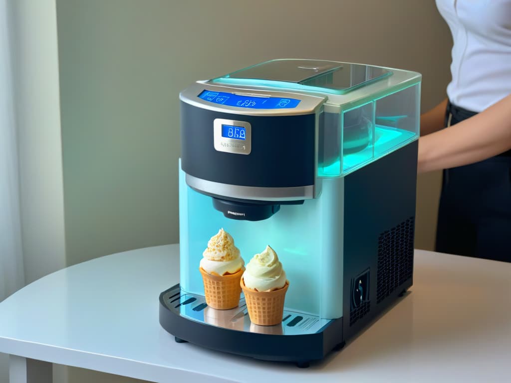  A closeup, highresolution image of a sleek, modern ice cream maker in action, showing the creamy mixture churning inside the transparent container, with soft ambient lighting creating a warm glow around it. The metallic parts shine with reflections, and the countertop underneath is pristine, enhancing the minimalist aesthetic. The focus is on capturing the elegance and simplicity of the machine while hinting at the delicious homemade ice cream it produces, appealing to the readers' desire for highquality tools in their culinary endeavors. hyperrealistic, full body, detailed clothing, highly detailed, cinematic lighting, stunningly beautiful, intricate, sharp focus, f/1. 8, 85mm, (centered image composition), (professionally color graded), ((bright soft diffused light)), volumetric fog, trending on instagram, trending on tumblr, HDR 4K, 8K