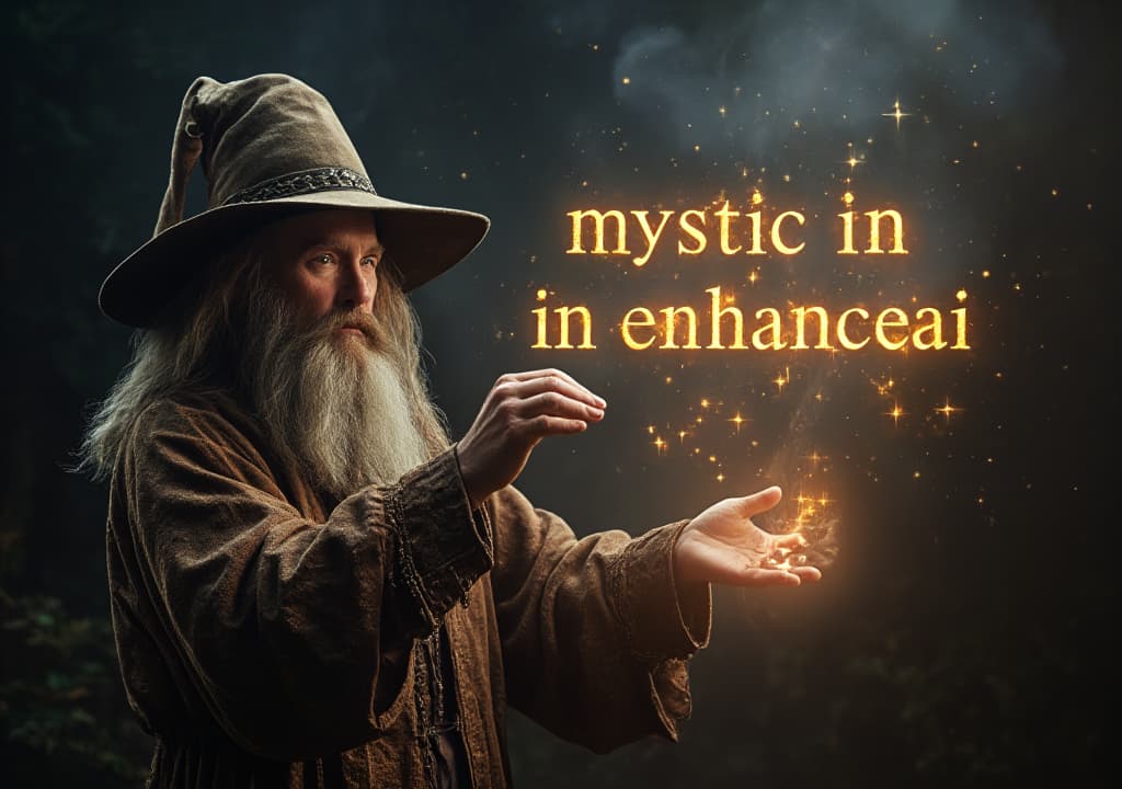  good quality, high quality, an ancient wizard, with a tall hat and a long, flowing beard, conjures a spell as the word 'mystic in enhanceai' appears behind him in radiant, magical letters. the scene is set in a medieval fantasy realm, depicted in a photorealistic style with intricate details on the wizard's robes and a mystical glow enveloping the spell